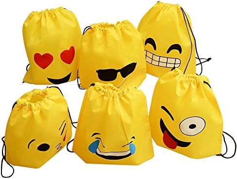 Sakiyr Emoji Drawstring Backpack Bags, 6 Pack Kids Drawstring Bags Party Favors for Girls &amp; Boys Goody Bags (16x13 Inch)