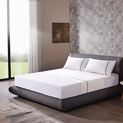 100% Cotton Sateen Embroidery Fitted Sheet Flat Sheet (Beige) Premium Quality Combed Cotton Comfortable - 4 Piece (Queen, Black Embroidery)