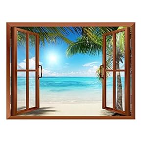 Beautiful Landscape of Palm Tree on The Beach and Clear Sea View from Inside a Window Removable Wall Sticker/Wall Mural - 24"x32"