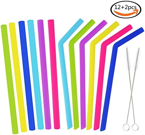 SHAN RUI 12pcs Reusable Angled and Straight Silicone Drinking Straws(about 10X0.4 inch), 2pcs Cleaning Brushes