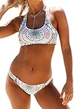 ZKESS Women Bohemian Knitted Racerback Push Up Sexy Bikini Swimsuit Swimwear with Swim Briefs