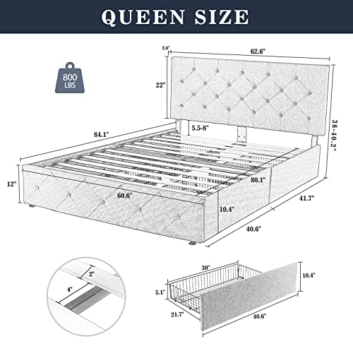 Allewie Queen Size Upholstered Platform Bed Frame with 4 Storage Drawers & Adjustable Headboard