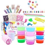 DIY Slime Kit for Kids,12 Colors Crystal Slime,4 Fluffy Slime Making Kit Supplies Incledes Fruit Slices,Foam Beads,Glitter,Molds