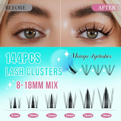 Manga Lash Clusters Kit 144PCS Fairy Eyelash Extension Kits with Lash Bond and Seal, Fake Eyelashes Clusters with Invisible Eyelash Band, Lash Glue Remover and Eyelash Applicator (8-18mm set)