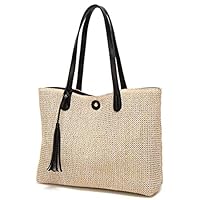 Straw Bags Beach Bags Pompom Shoulder Bags Summer Woven Bags Tassel Bags (Black)