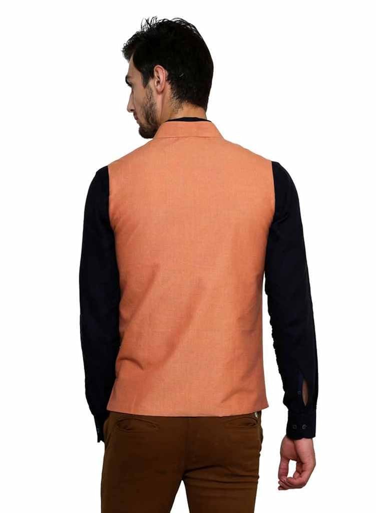 dhrohar khadi cotton peach chinese collar waistcoat for men