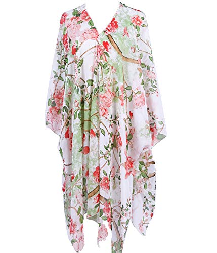Outrip Women Swimsuit Bathing Suit Beach Cover up Chiffon Floral Kimono Cardigan (A (18) - White with Red Camellia Flowers)