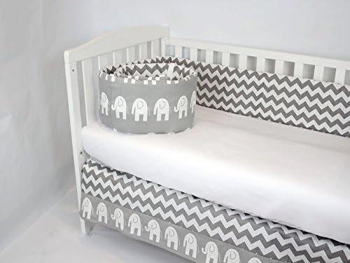 ROCKINGHAM ROAD,CRIB BEDDING SET(BUMPER AND CRIB SKIRT),GREY CHEVRON, ELEPHANTS (BEST SELLER)UNISEX,MADE IN THE USA.