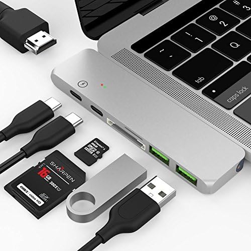 USB C Hub Adapter,7 in 1 Dual Type-C Docking Station Thunderbolt 3 Hub for 2016/2017 MacBook Pro with 100W Power Delivery,USB-C,4K HDMI,2xUSB3.0,SD and MicroSD Card Reader(SILVER)