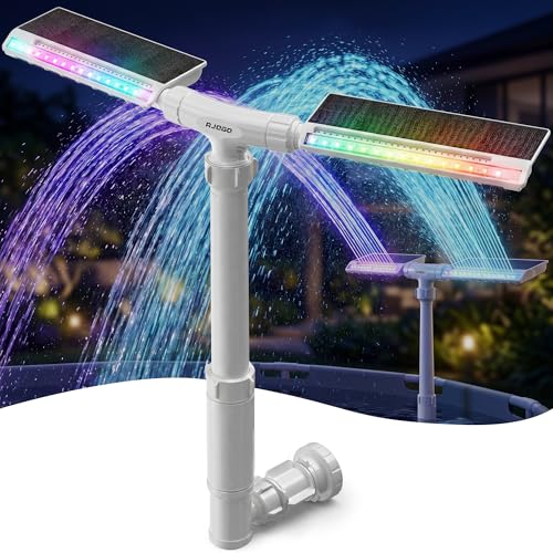 AJOGO Solar Pool Fountain with Lights for Inground & Above Ground Pools — Dual-Powered Rechargeable, 10-Color Dynamic LED Waterfall, 15°F Cooling Aerator (White)