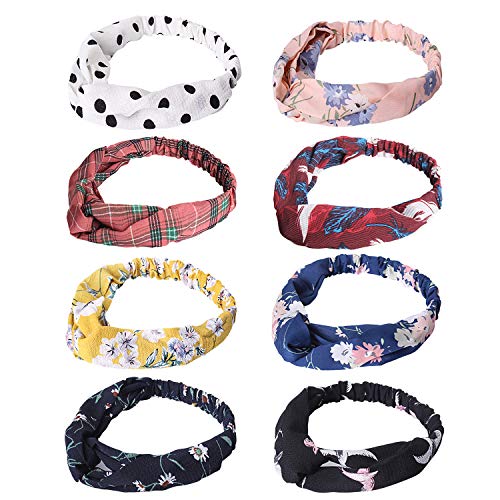 Dlala 8 Pack Boho Headbands for Women Girls Flower Printed Twisted Hair Band Beach Hair Accessory