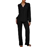 AnotherChill Women's Pajamas Set Long Sleeve Button Down Ribbed Knit 2 Piece Sleep Sets Loungewear Soft Pjs
