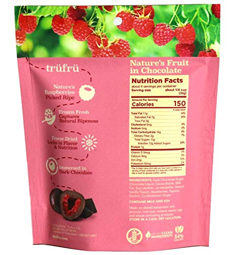 TRU FRU NATURE’S RASPBERRIES HYPER-DRIED FRESH IN DARK CHOCOLATE, 4.2 OUNCE BAG