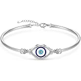 Fenthring Evil Eye Bracelet for Women Sterling Silver Greek Turkish Blue Evil Eye Bangle Bracelets Adjustable Good Luck Protection Jewelry Cute Mothers Day Gifts