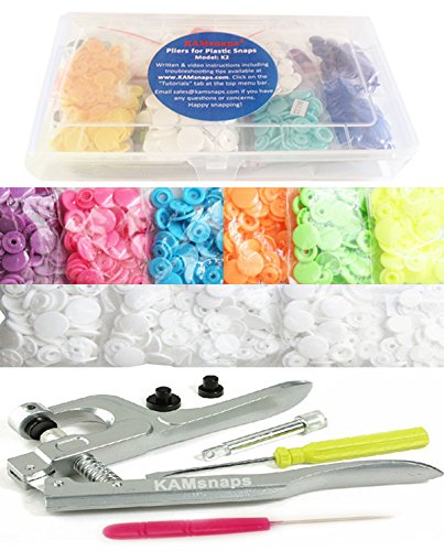 KAMsnaps Size Sampler Starter: 100 Sets KAM Snaps Press Pliers Plastic Snaps No-Sew Button Fasteners Setter Hand Tool for Clothes, Cloth Diapers, Bibs, Unpaper Towels (Bright)
