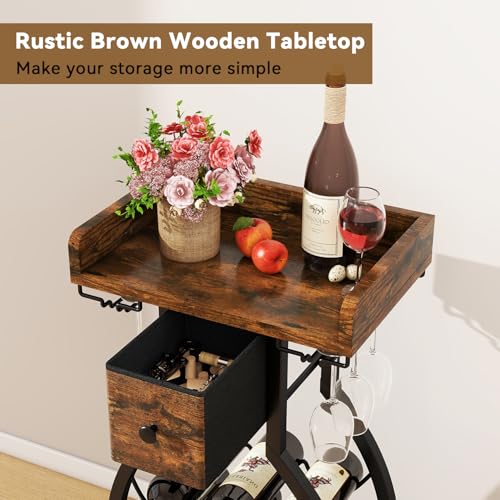 IBUYKE 15 Bottle Freestanding Wine Rack with Glass Holder and Storage Drawer, Mini Shelving Unit for Kitchen, Bar and Dining Room, Rustic Brown TMJ908H