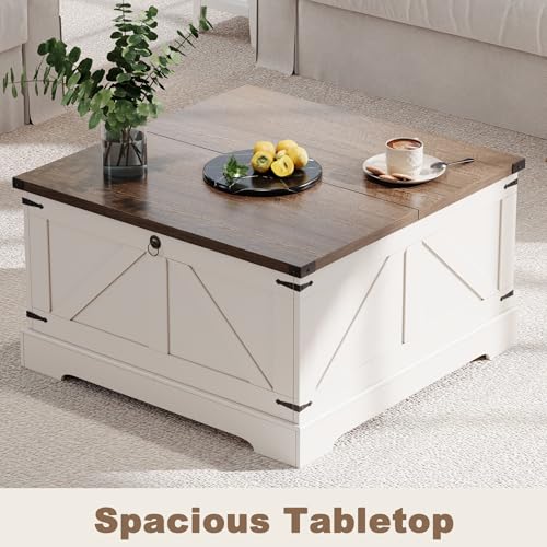 ChooChoo Farmhouse Coffee Table with Hidden Storage, Large Square Center Coffee Table with Lifting Top and Flip Drawer, Wood Rustic Cocktail Coffee Table for Living Room, Soft White