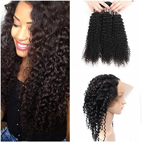 Ali Funmi 8A Brazilian Curly Hair Bundles with 360 Lace Frontal Closure Free Part (12 14+10) Unprocessed Virgin Kinky Curly Human Hair Extensions Natural Color