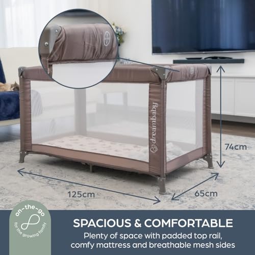 Dreambaby Quest Full Size Travel Cot, Lightweight, from Birth to 15kg, Easy Fold & Compact, Travel Bag, 120cm x 60cm, Custom Mattress Included