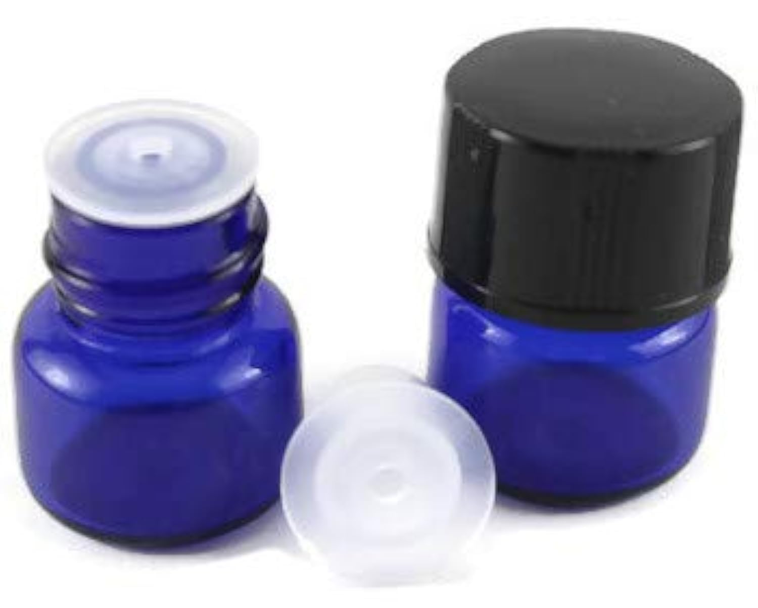 View 1 of ***missing all the caps***1/4 Dram (1ml) Cobalt Blue Glass Vial Bottle (144) w/Flat Black Screw Caps and Orifice Reducers***missing all the caps***