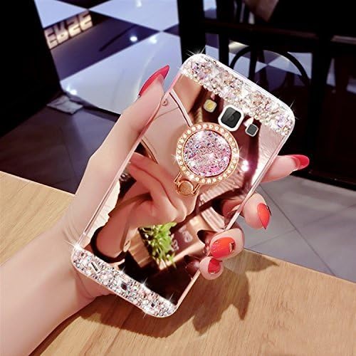 Galaxy Grand Prime Case,XIHUA Luxury Crystal Rhinestone Soft Rubber Bumper Bling Diamond Glitter Mirror Makeup Case with Ring Stand Holder for Samsung Galaxy Grand Prime G530/G5308 - Rose Gold