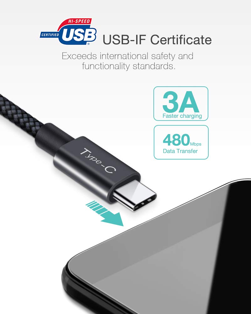 USB C Cable, Elegear USB Type C Cable to USB 2.0 [Certified] 6ft Braided Nylon Fast Charging Cable for Samsung Galaxy S9 / S9+, Huawei P20 / M20, Sony Xperia XZ, Nintendo Switch and More (Grey)