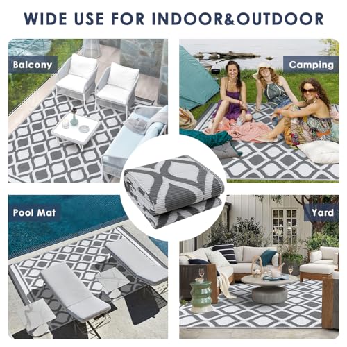 VK·LIVING Outdoor Rug for Garden Patios Waterproof 120X180cm Reversible Carpet Durable & UV Resistant Modern Outdoor Mat Portable Lightweight Area Patio Rugs for Balcony Camping Yard RV Grey&White