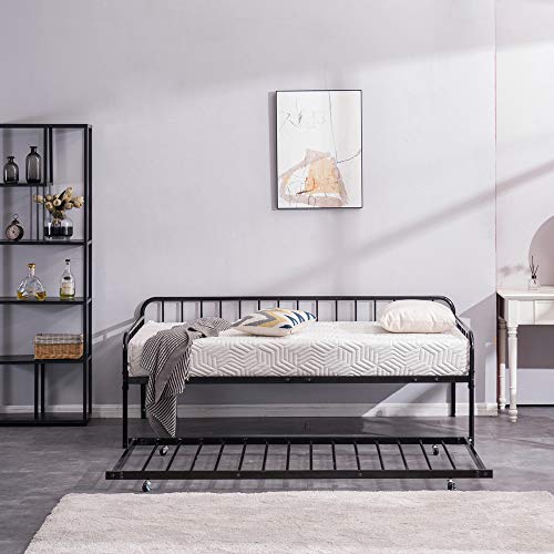 Metal RollOut Trundle Bed Frame with Slats Support, Home Accent