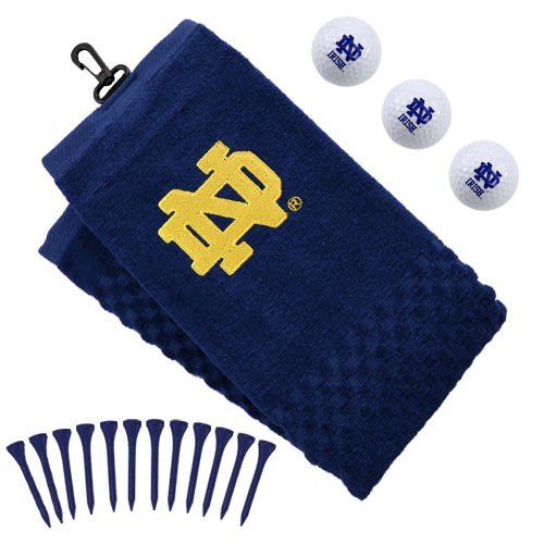 Team Golf NCAA Notre Dame Fighting Irish Gift Set Embroidered Golf Towel, 3 Golf Balls, and 14 Golf Tees 2-3/4" Regulation, Tri-Fold Towel 16" x 22" & 100% Cotton