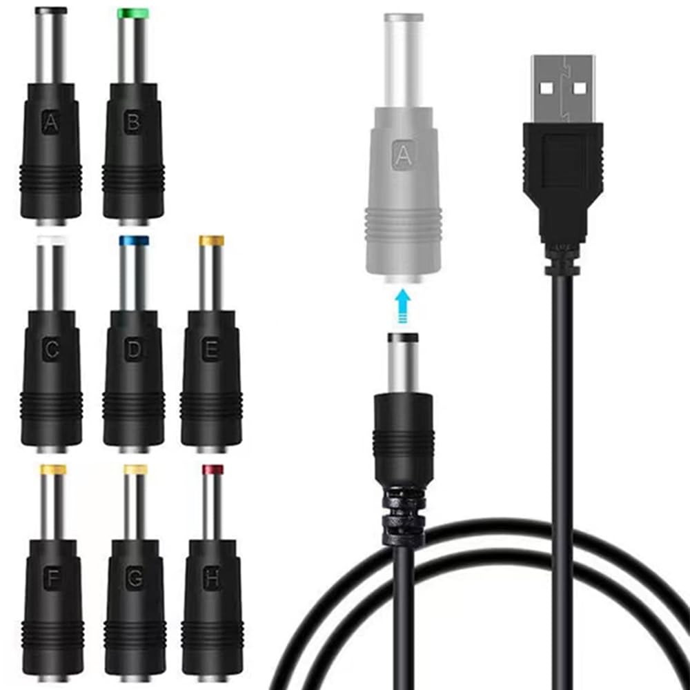 TJK USBケーブル 8 in 1 DC 5V1A 電源ケーブル USB-丸口 変換プラグ付き DC充電コード 5.5x2.5/5.5x2.1mm 扇風機 ナイトライト などに適用 サイズ 3.5*1.35mm 4.0*1.7mm 4.8*1.7mm 5.5*1.7mm 5.5*2.1mm 5.5*2.5mm 6.3*3.0mm 6.4*4.4mm コネクタアダプタ (1本+8変換プラグ) の商品画像
