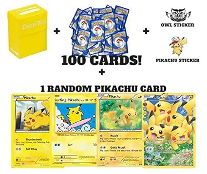 Pokemon Yellow 100 Assorted Cards 1 Random Pikachu Card Owl And Pikachu Sticker Deck Box
