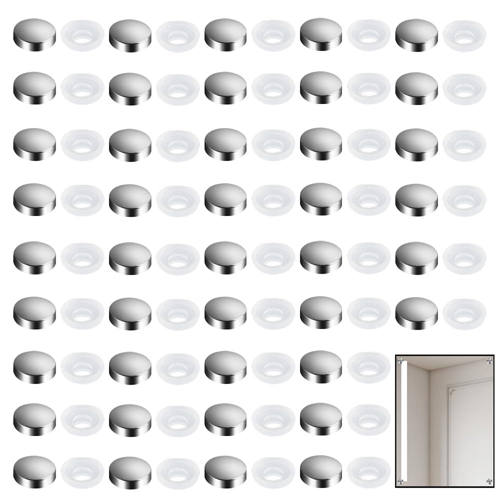 60 Pcs Silver Tone Screw Cover Caps Shower Screen Small Clip On Screws Decorative Cap for 6-8 Gauge Mirror Screw Cover Caps