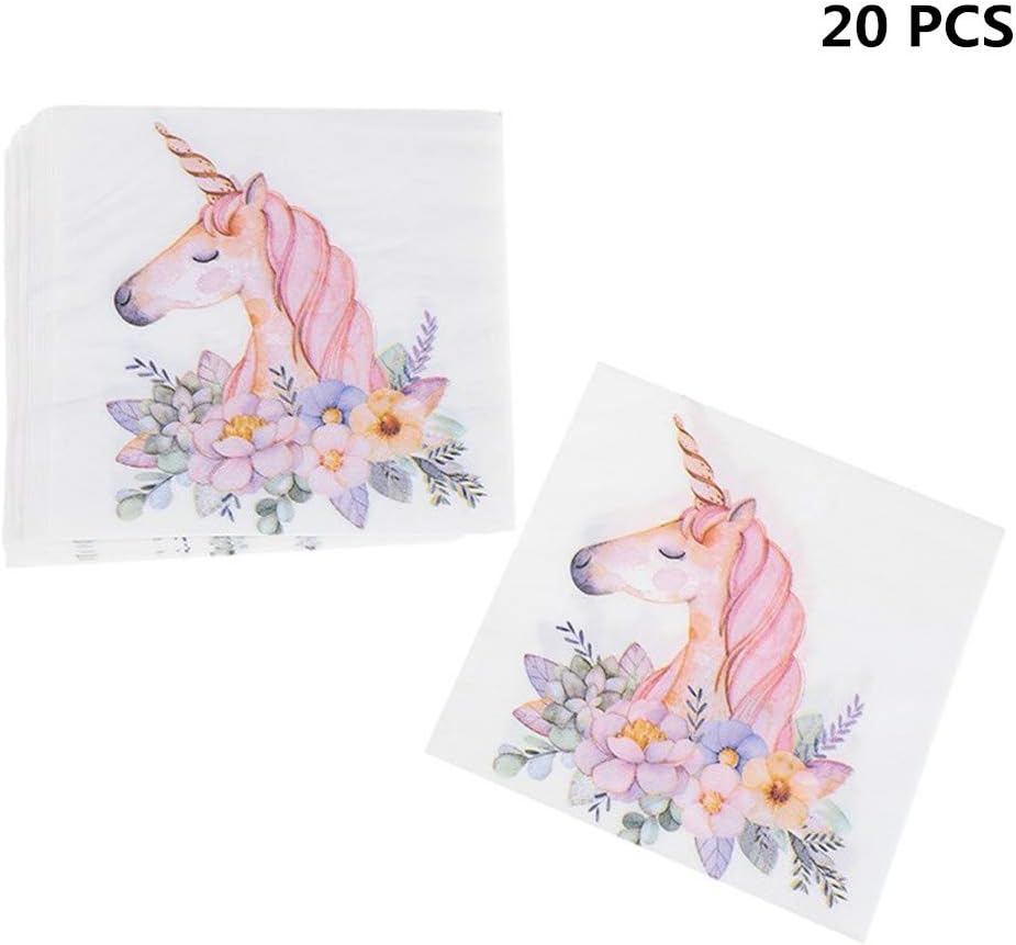Poluka 20Pcs/Pack Unicorn Paper Napkins Beauty Flowers Napkins Cafe & Party Tissue Napkins Decoupage Decoration Unicorn Party Tableware Napkin Girls Unicorn Party Supplies