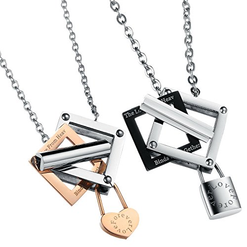 UM Jewelry His and Hers Stainless Steel Engraved Promise Necklace with Love Symbols Heart Lock
