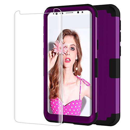 Samsung Galaxy S9 Case, ZAOX Hard Slim Fit 3 layer Hybrid Full-body Protective Rugged Holster Case with Built-in Tempered Glass Screen Protector for Galaxy S9 2018 (Purple+Black)