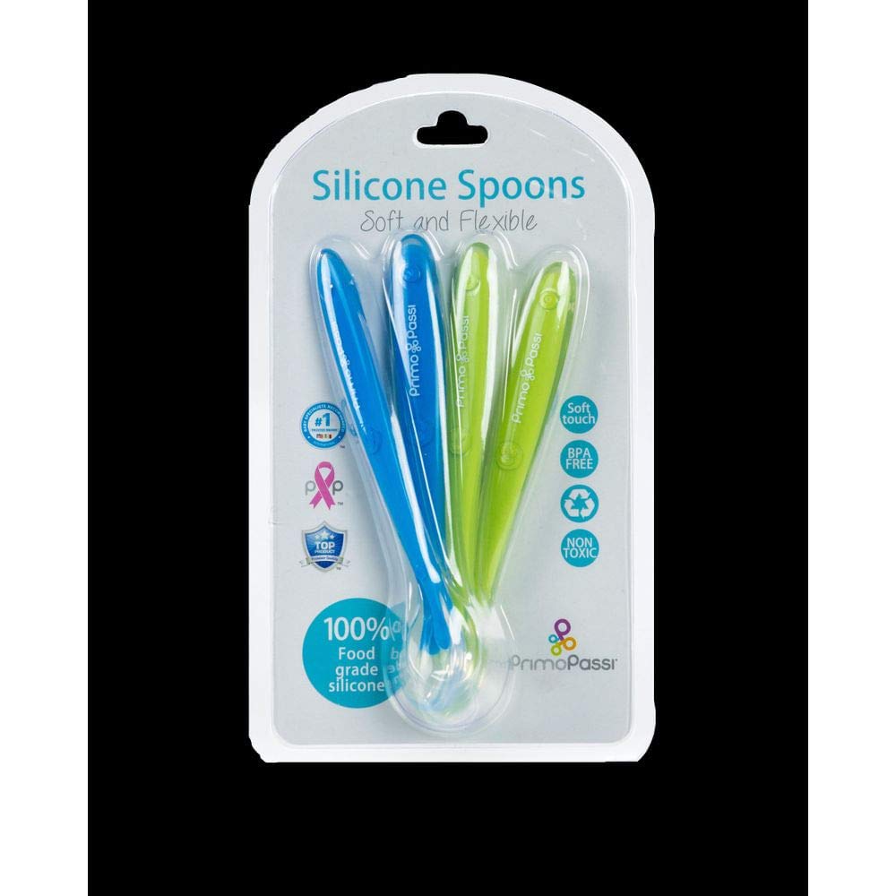 Primo Passi - Baby Infant Toddler Best Soft - Tip Silicone Feeding Spoons I First Stage Training I Gum Friendly 4 Pack Gift Set I Gift Idea for Boys and Girls I BPA Free Baby Utensils - (Blue&Green)