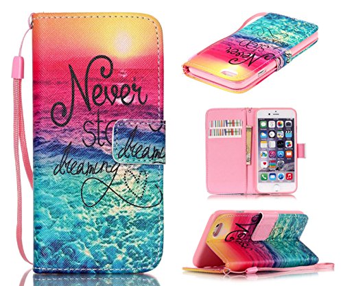 iPhone 6S Plus Case, iPhone 6 Plus Case, Welity Never Stop Dreaming Quotes Saying Seaside [ Wristlet ][ Kickstand ] PU Leather Wallet [Credit Card/Cash Slots] Flip Cover for iPhone 6/6S Plus