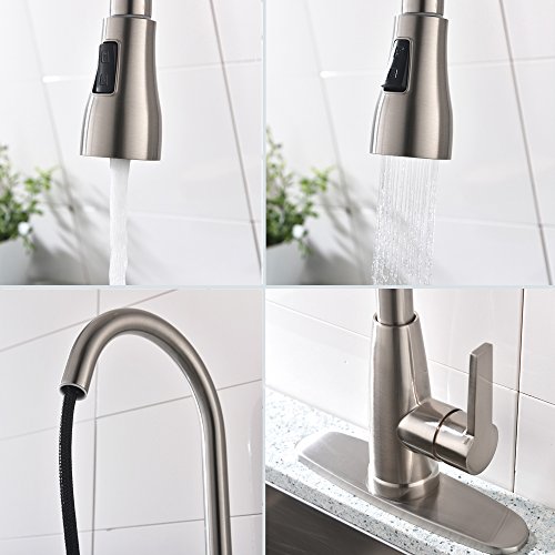 Hotis Modern High Arc 1 or 3 Hole Single Handle Stainless Steel Prep Sprayer Pull Out Pull Down Sprayer Kitchen Sink Faucet,Brushed Nickel with Deck Plate