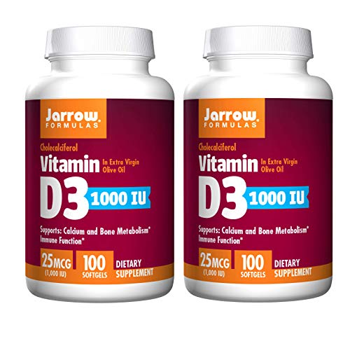 Jarrow Formulas Cholecalciferol Vitamin D3 1000 IU in Extra Virgin Olive Oil for Calcium, Bone Metabolism and Immune Function 25 Micrograms (100 Softgels) Pack of 2