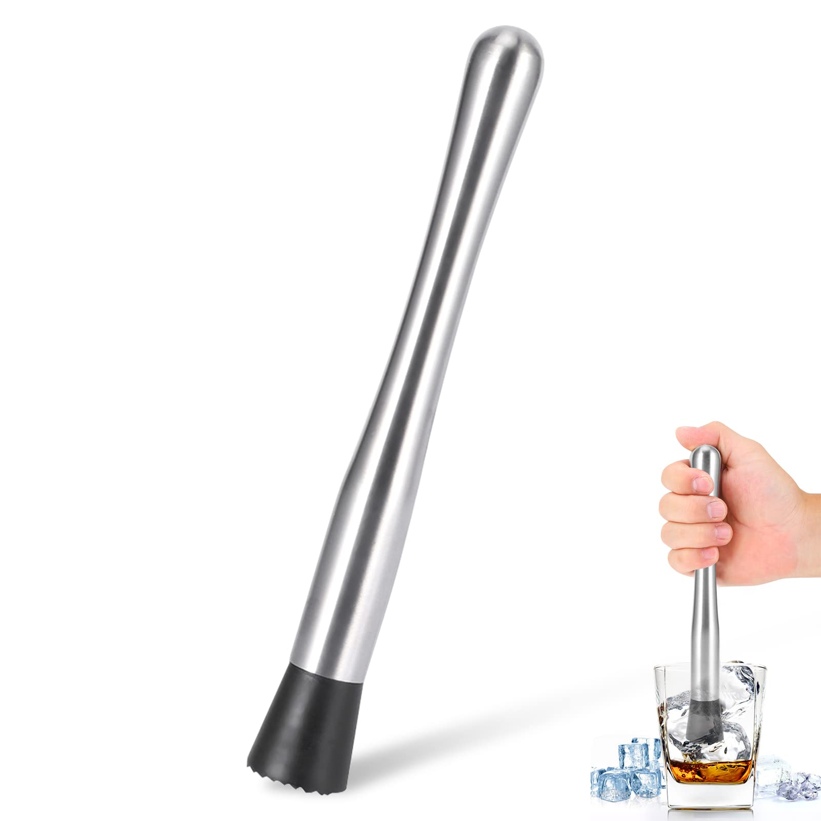 Cocktail Muddler, 25cm Stainless Steel Mojito Masher Grooved Nylon Head Bar Stick Fruit Mixer Professional Bartender Blender Bar Tools for Delicious Cocktails Drinks Juice
