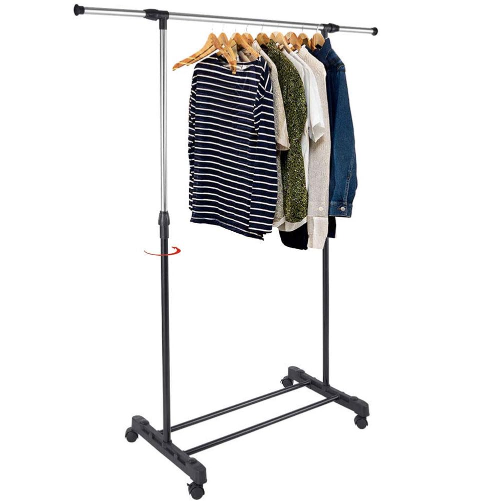 BAKAJI Space-Saving Steel Clothes Stand with Wheels Telescopic Rods Adjustable in Height and Width (Single), Black, Grey