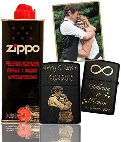 Original Zippo black matte with your photo and your engraving Gravina | including Set (Flints etc.) |bild and Engraved on your Zippo. Unique | Complete Set | Personal and Personalized Zippo | Gift for Smokers Gift Christmas