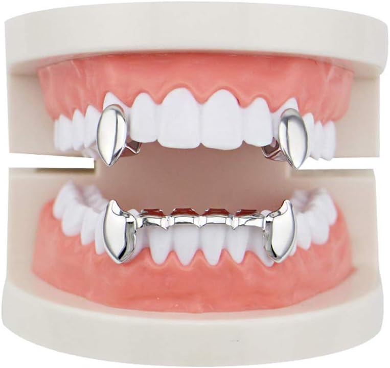 YHDD Unisex Luxurious Gold Plated Hip Hop Bling Tooth Set 2pcs Single Top Vampire Fangs & Bottom Grill Teeth Caps - High Glossy for Adults Costume Party Accessories (Color : Silver)