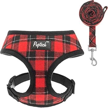 PUPTECK Soft Mesh Dog Harness with Leash - Plaid Adjustable Puppy No Pull Harnesses - Pet Padded Walking Vest Red Medium
