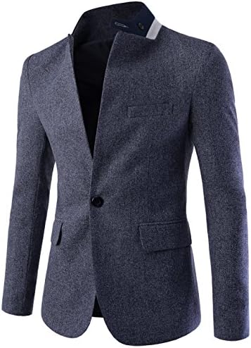 DETYLISH LMJ02 Mens Slim Fit High Neck Basic Blazer Single 1 Button Jacket Navy US XS(Tag Size M)