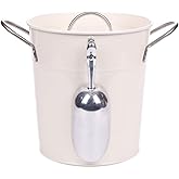T586 Cream 4L Metal Double Walled Ice Bucket Set with Lid and Scoop