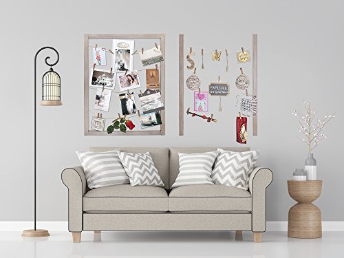 Reimagine Hanging Photo Display- Wood Wall Picture Frame Collage Board for Hanging Prints, Instax, Polaroid, Holiday Cards, Artwork- Display 2 Ways- Adjustable String, 40 Clothespin Clips- Rustic Grey