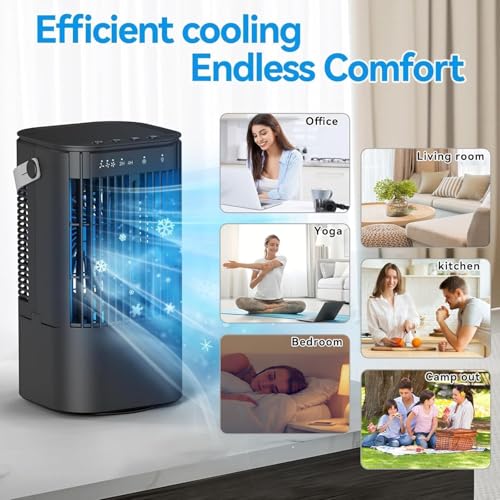 Aire Acondicionado Portátil, 4 en 1 Mini Enfriador de Airecon Tanque de Agua 1000ml luz de atmósfera de 7 colores, Mini AC Personal con temporizpara dormitorio, escritorio, casa, oficina (Negro)