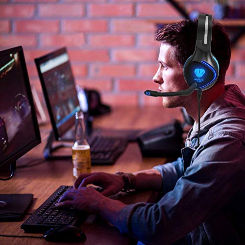 BUTFULAKE Pro Stereo Gaming Headset for Xbox One, Xbox One S, PS4, PC, Nintendo Switch, Mac, Laptop, Computer, 3.5mm Wired Over-Ear Gaming Headphones with LED Light & Noise Canceling Microphone, Blue