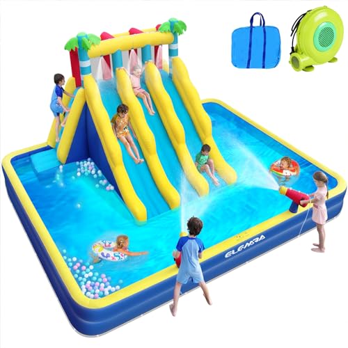 ELEMARA 20.66x16.4FT Inflatable Water Slide, 3 Extra-long Slides & Climbing Wall, Backyard Water Park with Double-layer Pool, 2 Water Cannons & Spraying Function, Includes 750W Air Blower for Big Kids